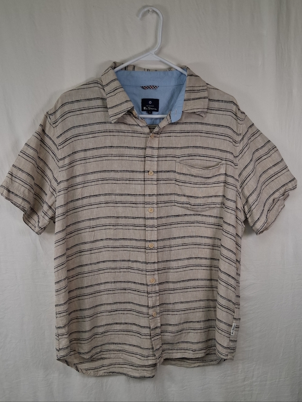 Ben Sherman Club Room Beige Short-Sleeve Button-Down with Navy Stripes - Picture 6 of 17